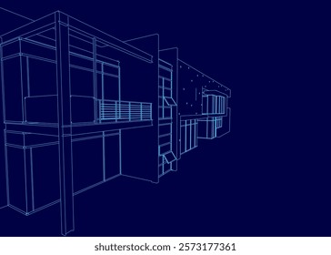 Blue drawing of a building with a lot of windows. The building is very tall and has a lot of windows