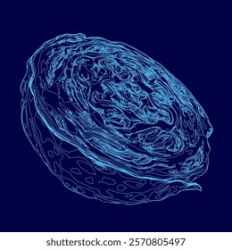 Blue drawing of a cabbage. The drawing is very detailed and has a lot of lines. The blue colors give the drawing a calm and peaceful mood