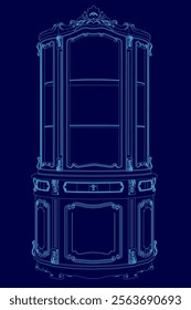 Blue drawing of a cabinet with a blue background. The cabinet is very ornate and has a lot of detail