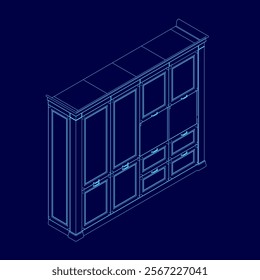 Blue drawing of a cabinet with a blue border. The cabinet has a lot of drawers and is very detailed. Isometric view