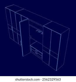 A blue drawing of a cabinet with a door. The cabinet is made of wood and has a drawer