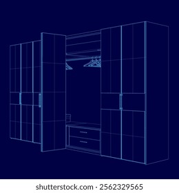 A blue drawing of a cabinet with a door. The cabinet is made of wood and has a drawer