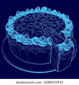 Blue drawing of a cake with a slice missing. The cake is decorated with frosting and berries