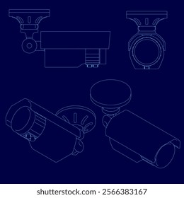 Blue drawing of a camera with a blue outline. The camera is shown from different angles and is shown in a variety of positions