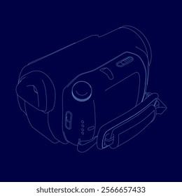 Blue drawing of a camera with a strap. The camera is a small, compact device with a blue color scheme. The camera is designed to be portable and easy to use