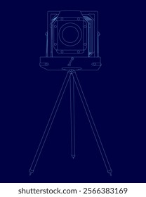 Blue drawing of a camera with a tripod. The camera is a vintage style and the tripod is blue