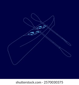 Blue drawing of a canoe with two paddles on it. The paddles are on the right side of the canoe