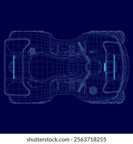 Blue drawing of a car with a blue background. The car is a futuristic design with a blue color scheme