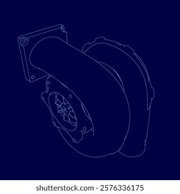 Blue drawing of a car engine with a black outline. The engine is a turbo and the drawing is in blue
