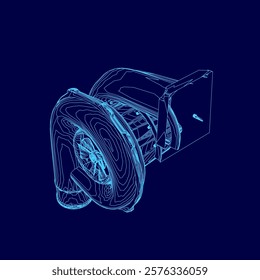 Blue drawing of a car engine with a turbo. The engine is shown in a 3D format