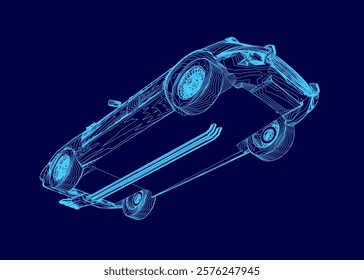 Blue drawing of a car with the hood up. The car is upside down and the hood is open