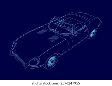 Blue drawing of a car with a interior. The car is a classic model and has a sleek design. Scene is sophisticated and elegant. Isometric view