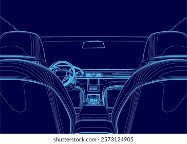 Blue drawing of a car interior with a steering wheel and a dashboard. Scene is futuristic and sleek