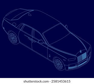 A blue drawing car outline. The car is a long, sleek, and elegant design. Isometric view. 3D. Vector illustration