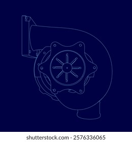 Blue drawing of a car turbine engine with a large fan. The fan is surrounded by a circle and is the center of the drawing