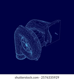 Blue drawing of a car turbo part of engine with a turbo. The drawing is in blue and is very detailed