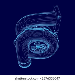 Blue drawing of a car turbo part of engine with a turbo. The drawing is in blue and is very detailed