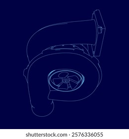 Blue drawing of a car turbo part of engine with a fan on top. The fan is spinning and the engine is shown in a close up