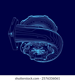 Blue drawing of a car turbo part of engine with a turbo. The drawing is in blue and is very detailed