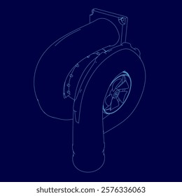 Blue drawing of a car turbo part of engine with a turbo. The drawing is in blue and is very detailed