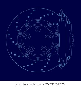 Blue drawing of a car's brake disc with a blue outline. The drawing is in blue and is very detailed