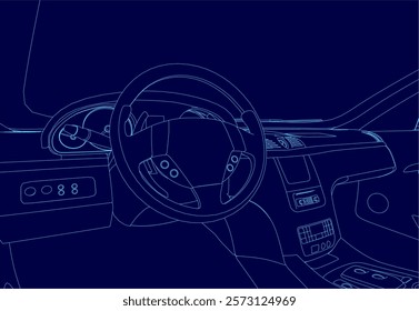 Blue drawing of a car's interior with a steering wheel and a gear shift. Concept of modern technology and sophistication