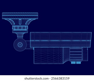 Blue drawing of a CCTV camera lens with a blue background. The lens is shown in a 3D perspective