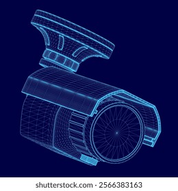 Blue drawing of a cctv camera with a blue lens. The camera is a security camera and is designed to be used in a public place