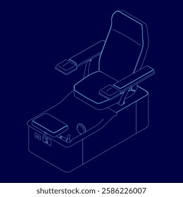 A blue drawing of a chair with a table underneath it. The chair has a remote control. Isometric view