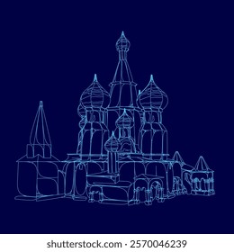 Blue drawing of a church with a blue sky background. The church has a tall steeple and a large dome. The sky is clear and bright, with no clouds in sight