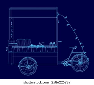 A blue drawing of a cinema trailer. The trailer is a small, blue bicycle with a canopy