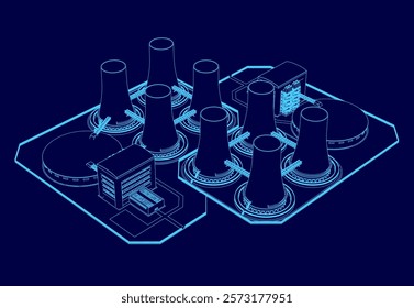 Blue drawing of a city with a large number of power plants. The drawing is in blue and is very detailed