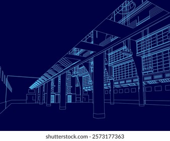 Blue drawing of a city street with a bridge in the middle. The bridge is very tall and has a lot of windows