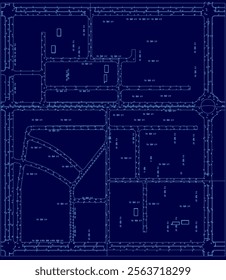 Blue drawing of a city street with a lot of buildings and a crosswalk. The street is shown in a blue color