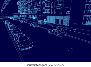 Blue drawing of a city street with cars and a building in the background. The cars are parked on the street and there is a stop sign in the middle of the scene