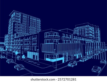 Blue drawing of a city street with a large building in the background. The street is lined with parked cars and a few pedestrians. Scene is urban and busy