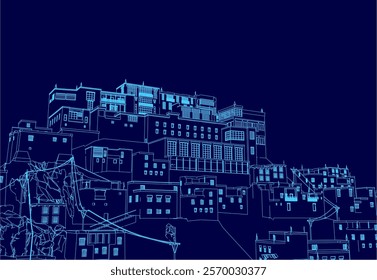 Blue drawing of a cityscape with a large building in the center. The drawing is in blue and has a moody, almost surreal feel to it