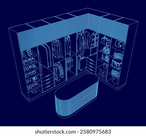 A blue drawing of a closet with a bench and shelves. The closet is full of clothes and shoes