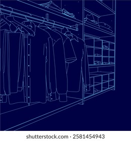 A blue drawing of a closet with clothes hanging on the racks. The clothes are neatly arranged and the closet is organized