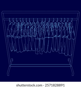 Blue drawing of a clothes rack with many clothes hanging on it. The clothes are all different colors and styles, and the rack is tall and narrow. Scene is casual and relaxed