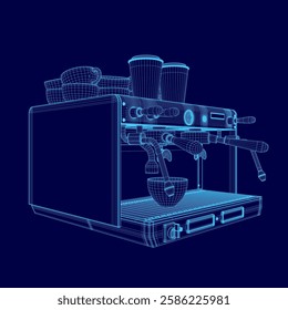 A blue drawing of a coffee machine. The machine has a handle