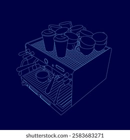 A blue drawing of a coffee maker with cups on top. The coffee maker is a small, compact model with a handle and a knob. The cups are arranged in a row