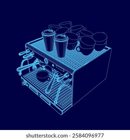 A blue drawing of a coffee maker with a few cups on top. Scene is calm and relaxed, as it depicts a simple and everyday scene of someone making coffee