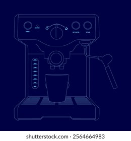 Blue drawing of a coffee maker. The coffee maker has a cup on top of it and a button on the side