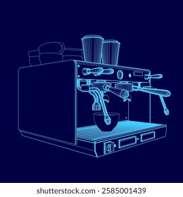 A blue drawing of a coffee maker with two buttons and two handles. The coffee maker is designed to make espresso and has a cup holder