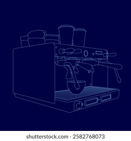 A blue drawing of a coffee maker. The coffee maker is a two-in-one espresso machine with a built-in grinder. The coffee maker is designed to be compact and easy to use