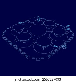 Blue drawing of a coffee pot with six cups. The cups are arranged in a square pattern