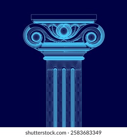 A blue drawing of a column with a blue base. The column is very tall and has a very thin and elegant appearance