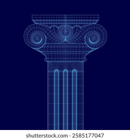 A blue drawing of a column with a spiral design. The column is shown in a 3D perspective, giving it a sense of depth and dimension. The design of the column is intricate and detailed