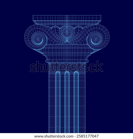 A blue drawing of a column with a spiral design. The column is shown in a 3D perspective, giving it a sense of depth and dimension. The design of the column is intricate and detailed